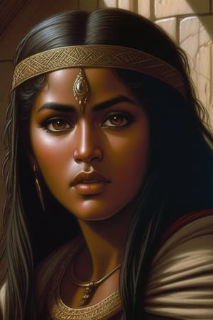 art by Gustave Dore and Larry Elmore
, Portrait of a Cold female medieval north-african human with Brown eyes, Brown hair, Tanned skin, Monolid, asian eyes, Large Nose, Pointed Ears and Facial Scar, 