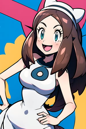 highly detailed, high quality , 1 girl curvy body, few tits, in dress, cute, kawaii, brown hair medium straight curly hair, anime type pokemon , greenish blue eyes, happy,a little sexy, , pokemon anime type, Shoulder length hair, on a green meadow with flowers,