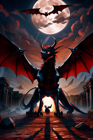 (masterpiece), best quality, expressive eyes, perfect face, A majestic Western dragon with bat-like wings, black scales that shimmer under the moonlight, and piercing eyes that convey wisdom, is observing from the sky above ancient ruins. The scene takes place at night under a full moon, with the ruins bathed in moonlight, casting long shadows. The atmosphere is a blend of magical and epic, and the image is styled as a combination of anime and fantasy, with high resolution and natural night lighting