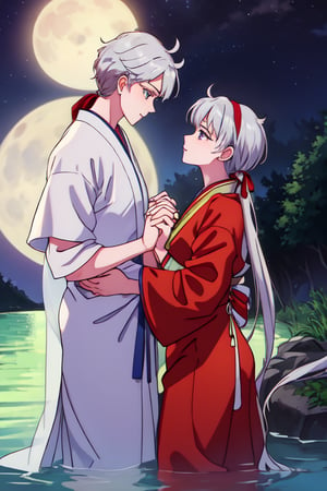 A masterpiece of yaoi art! A serene nighttime scene unfolds: two boys, dressed in traditional Chinese hanfu robes, stand together by a tranquil water's edge. The boy with the long, flowing white hair wears a white headband and robe, his expressive eyes locked onto his companion's face. The other boy, with black hair and a red ribbon tied around his head, gazes down at their entwined hands. A delicate white flower blooms between them, surrounded by lush greenery. Water laps gently against the shore, as the boys' robes flow like silk in the soft, moonlit night.,SEIYAKOU