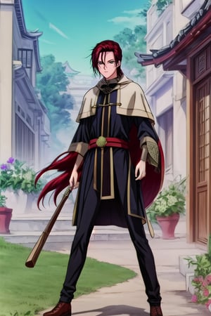 a young man in his early 20's with long red hair, deep eyes, violet eyes, wearing a  combining Viking and traditional Chinese styles, shows his full body, masterpiece,  best quality,TAIKIKOU