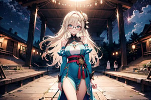 1 girl with glasses, a 20-year-old beautiful girl, cool dress, smiling, with a mole under her right eye, long wavy hair, shawl, side braid, bun, waist-length hair, light green With light brown two-color long hair, a floor-length skirt, light-colored short sleeves, off the shoulders, there are two white ghosts, the same color as the sea and sky, walking on the forest road,,,,      Cute girls are enjoying a music festival under the stars. She has long hair and her hair color is black green eyes. The hair ornament has a clip in the shape of a musical note. He opens his mouth, smiles, and havems to bemusicals . The background has simple colors, and behind it, inside an oval, there is a starry sky and a musical stage. A thin decorative frame surrounds the entire piece, creating a gorgeous atphere. A. music. ,VNS_Add more details,anime,Color,Hand,acryli painting,fantasy girl