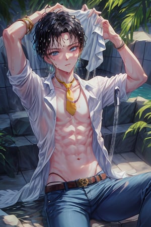 A captivating portrait of an androgynous young man with black hair and striking blue eyes, sitting barefoot beneath a cascading shower. His white shirt is unbuttoned, clinging to his wet skin, revealing a glimpse of his navel, while an undone necktie hangs loosely around his neck. Delicate jewelry adorns his ears, and a stylish belt cinches his pants. The scene is enriched by the presence of lush green plants, adding a natural touch to the atmosphere. Water droplets glisten on his skin as the shower head releases a gentle stream, creating a refreshing and intimate ambiance. The overall composition captures a moment of tranquility and self-reflection, highlighting the contrast between the wet fabric and the serene environment.,SEIYAKOU