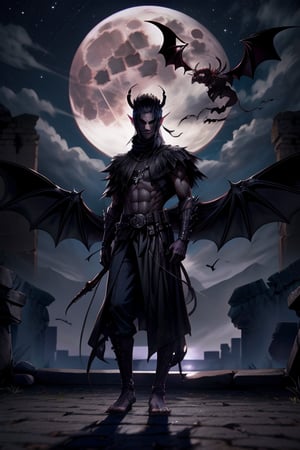 A majestic Western dragon with bat-like wings, black scales that shimmer under the moonlight, and piercing eyes that convey wisdom, is observing from the sky above ancient ruins. The scene takes place at night under a full moon, with the ruins bathed in moonlight, casting long shadows. The atmosphere is a blend of magical and epic, and the image is styled as a combination of anime and fantasy, with high resolution and natural night lighting