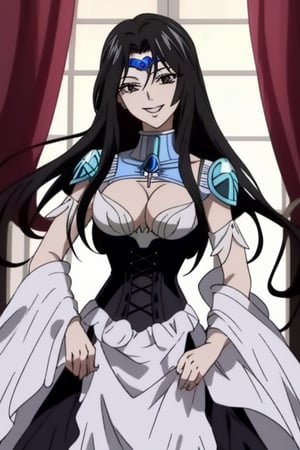 1girl, Pandora of Saint seiya Lost canvas, Muver en sus 30 blanca, cabello negro muy largo y brilloso lasio, Ojos negros, sonrisa malevola, vestido largo negro, pierna abierta a la altura del muslo, corset metalico en forma de armadura, lleva un trindente con ella negro, adorno metalico en la pierna en froma de serpiente negra,