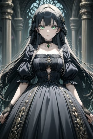 illustration, ink outline, fine detail rendered, color, A beautiful girl in her twenties in a gothic type costume with very long black hair, green eyes with a choker looking at the  is looking at viewer crafted ornaments, detailed background, fantastic, mysterious, perfect composition, , (masterpiece:1.2), ((best quality, 8k, ultra-detailed, very clear)), perfect anatomy, anatomically correct hands, detailed hair, delicate hair expression, detailed eyes, beautiful face, beautiful eyes, extremely stylish, The most fashionable,