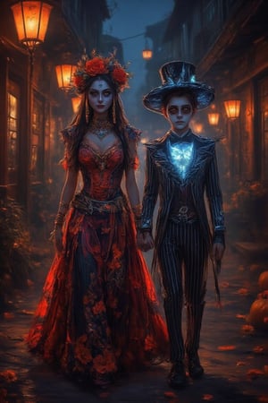 A couple merging elements of Halloween and Día de Muertos: a girl dressed as a beautiful Catrina and a boy dressed as Jack Skellington, walking hand in hand while looking at the viewer in a street adorned with lanterns at night. The ground is covered with marigold flowers. The girl wears a stunning dress with monarch butterflies and flowers featuring details from Mexican culture, and the boy is dressed in a detailed Jack Skellington costume. They have mysterious yet joyful expressions. The street is decorated with papel picado between the windows and pumpkins with candles at the doors. The ambiance is festive and mysterious with a magical touch, in a realistic and anime style, high resolution and standard resolution, with soft lighting. The composition is a wide shot,glowing,bright,luminous skin,glowing brightly,warm light,radiant,soft,glowing skin and vibrant, luminous features,glowing visual effects,glowing particles,neon