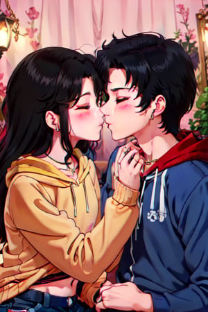 1girl long loose straight black hair, bun, blue half closed eyes, red hoodie, black pleated skirt, looking at each other, kissing romantically on the lips, jewelry, 1boy, black half closed eyes, blush, chain, black peaked hair, necklace, sweatshirt black long-sleeved hoodie, blue jeans, long sleeves, belt, closed mouth, couple, midriff

