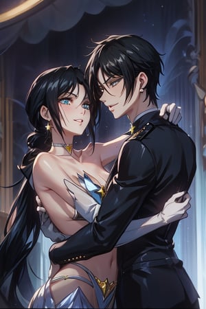 The scene is set against in which a young woman in her 20s, with Latin features and long black hair, stands next to her male counterpart. Her olive green eyes sparkle as she looks directly at the young man, a warm smile on her lips. She wears a low ponytail that frames her heart-shaped face. Delicate earrings adorn each earlobe, enhancing her feminine charm. The young man at her side has long black hair, wearing a low ponytail, his blue eyes shining as he dance with her, their bodies share a romantic embrace. Both are shown in an atmosphere that is full of tenderness and affection, and exudes a romanticism that is hard to resist.,sebastian_michaelis,SailorStarFighter, 