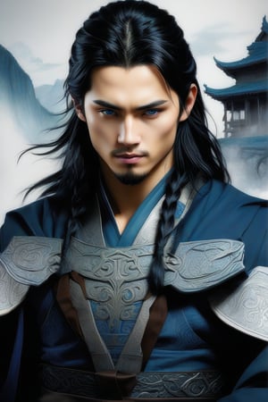 a young man with long black hair, deep eyes, blue eyes, wearing a suit combining Viking and traditional Chinese styles, shows his full body, masterpiece,  best quality,