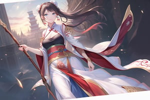 masterpiece), best quality, perfect_face,1girl, long_hair, jewelry, black_hair, earrings, chinese_clothes, looking_at_viewer, realistic, hanfu, multiple_views, long_sleeves, hair_ornament, hair_bun, closed_mouth, sash, upper_body, red_lips, architecture, east_asian_architecture, single_hair_bun