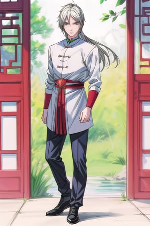 a young man in his early 20's with very long withe hair, deep eyes, green eyes, wearing  Viking and traditional Chinese styles, shows his full body, masterpiece,YATENKOU