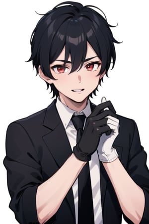 1boy, gloves, male_focus, red_eyes, solo, black_hair, white_gloves, adjusting_gloves, white_background, necktie, adjusting_clothes, hair_between_eyes, looking_at_viewer, smile, simple_background, upper_body, shirt, black_necktie, short_hair, white_shirt, black_jacket, collared_shirt, parted_lips

