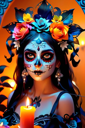 (masterpiece), best quality, expressive eyes, perfect_face,1girl,dressed as a catrina on a background of cempasuchil flower adorned with candles and a Mexican Day of the Dead ofrenda.