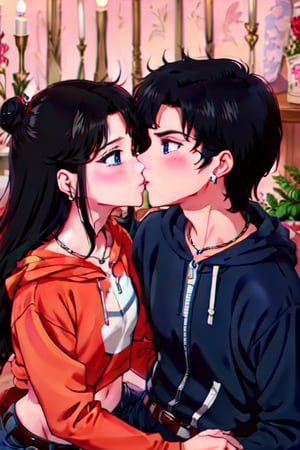 1girl long loose straight black hair, bun, blue eyes, red hoodie, black pleated skirt, looking at each other, kissing romantically on the lips, jewelry, 1boy, black eyes, blush, chain, black peaked hair, necklace, sweatshirt black long-sleeved hoodie, blue jeans, long sleeves, belt, closed mouth, couple, midriff

