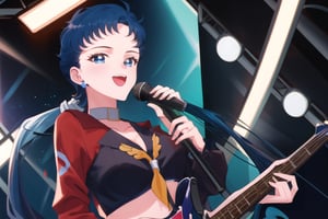 1 boy, 1 girl, SEIYAKOU,very long black hair, low ponytail, deep blue eyes, red leather jacket, playing electric guitar, next to a girl with a very long blue  hair tied in a low ponytail with deep blue eyes singing into a microphone, SailorStarFighter on a stage, navy blue leather dress, smile, perfect_face, perfect_hands, looking_at_viewer