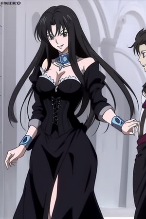 1girl, Pandora of Saint seiya Lost canvas, Muver en sus 30 blanca, cabello negro muy largo y brilloso lasio, Ojos negros, sonrisa malevola, vestido largo negro, pierna abierta a la altura del muslo, corset metalico en forma de armadura, lleva un trindente con ella negro, adorno metalico en la pierna en froma de serpiente negra,