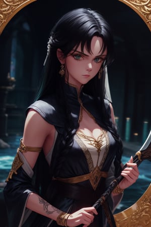  illustration, ink outline, fine detail rendered, color, a girl with long black hair and deep green eyes, wearing an adventurer's rpg game outfit with a beautiful scythe with the blade reflecting the light, while having a serious and defiant look towards the viewer, crafted ornaments, detailed background, fantastic, mysterious, perfect composition, , (masterpiece:1.2), ((best quality, 8k, ultra-detailed, very clear)), perfect anatomy, anatomically correct hands, detailed hair, delicate hair expression, detailed eyes, beautiful face, beautiful eyes, extremely stylish, The most fashionable,