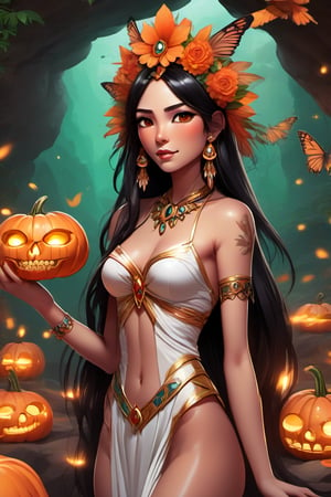 Mictecacíhuatl, the pre-Hispanic goddess of the Mictlán, depicted as a beautiful young woman in her twenties with a slightly dark complexion and long black hair. She wears a dress adorned with orange and white skulls, bones, and colorful quetzal feathers, complemented by jade skull earrings. Her makeup subtly enhances her natural beauty. She is standing and walking while holding marigold flowers, with monarch butterflies decorating the cave behind her. She raises her hand as if blessing the present, surrounded by various offerings. The background features a mysterious, magical, and ceremonial ambiance, set in a cave illuminated by soft, magical lights, adorned with lit pumpkins and candles, and the ground decorated with marigold flowers. The style blends realistic and anime elements, presented in both high resolution and standard resolution, with a wide shot composition.