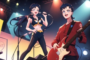 1 boy, 1 girl, SEIYAKOU,very long black hair, low ponytail, deep blue eyes, red leather jacket, playing electric guitar, next to a girl with a very long blue  hair tied in a low ponytail with deep blue eyes singing into a microphone, SailorStarFighter on a stage, navy blue leather lingery, smile, perfect_face, perfect_hands, looking_at_viewer