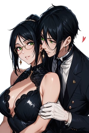 The scene is set against a clean white background, in which a young woman in her 20s, with Latin features and long black hair, stands next to her male counterpart. Her olive green eyes sparkle as she looks directly at the young man, a warm smile on her lips. She wears a long ponytail that frames her heart-shaped face. Delicate earrings adorn each earlobe, enhancing her feminine charm. The young man at her side has long black hair, wearing a long ponytail, his eyes sparkling as he holds her, their bodies entwined as they share a romantic embrace. The atmosphere is full of tenderness and affection, and exudes a romanticism that is hard to resist.
