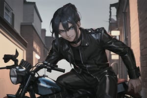 a boy with a very long blue black hair tied in a low black ponytail with deep blue eyes, adding an edgy touch to his intimidating presence.evil smile, Leaning against his motorcycle in an alleyway at night, he radiates a serious, unyielding intensity. Perfect lighting casts deep shadows, accentuating every curve and crease, as if the camera has captured a slice of pure chaos.