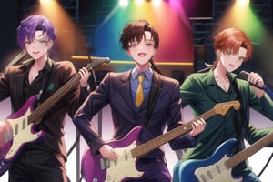 3boys, male_focus, multiple_boys, brown_hair, violete-eyed, necktie, playing the electric keyboard, low ponytail, long_hair, white_hair,green-eyed playing the electric guitar on a stage, smile, deep blue-eye, blue-black_hair,playing the electric guitar, perfect_face, perfect_hands, looking_at_viewer,SEIYAKOU