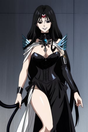 1girl, Pandora of Saint seiya Lost canvas, Muver in her 30's white, very long and shiny black hair, black eyes, evil smile, long pure black dress, open leg at the thigh, black metal corset in the shape of armor, wearing a black braid, metal ornament on the leg in the shape of a black snake,