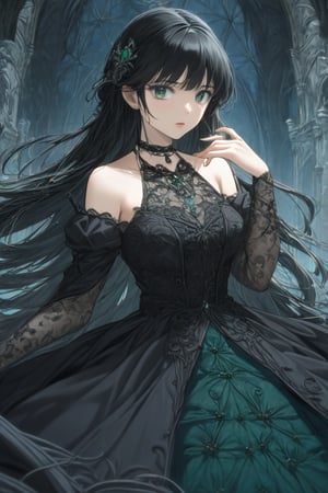 illustration, ink outline, fine detail rendered, color, A beautiful girl in her twenties in a gothic type costume with very long black hair, green eyes with a choker looking at the  is looking at viewer crafted ornaments, detailed background, fantastic, mysterious, perfect composition, , (masterpiece:1.2), ((best quality, 8k, ultra-detailed, very clear)), perfect anatomy, anatomically correct hands, detailed hair, delicate hair expression, detailed eyes, beautiful face, beautiful eyes, extremely stylish, The most fashionable,