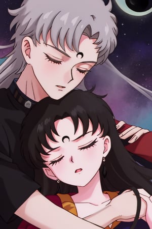 a 16-year-old boy with long black hair with a low ponytial with an inverted black moon on its forehead on his front holding a sleeping 16-year-old girl with with an inverted black moon on its forehead and long blond hair in his arms,SEIYAKOU