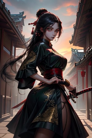 (masterpiece), best quality, expressive eyes, perfect face, A determined young woman in her twenties with striking Latin features, long flowing black hair, and piercing green eyes, dressed in an intricate Chinese outfit, prepares for battle by drawing her sword. The scene unfolds in an ancient city where Nordic and Chinese architectural styles merge harmoniously, lit by the golden hues of sunset. The atmosphere is charged with both epic tension and a sense of mystery, brought to life with a blend of anime and digital illustration styles. Rendered in high resolution, the image features dramatic lighting that accentuates the contrasts between light and shadow, focusing closely on her intense expression and poised stance