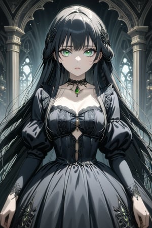 illustration, ink outline, fine detail rendered, color, A beautiful girl in her twenties in a gothic type costume with very long black hair, green eyes with a choker looking at the  is looking at viewer crafted ornaments, detailed background, fantastic, mysterious, perfect composition, , (masterpiece:1.2), ((best quality, 8k, ultra-detailed, very clear)), perfect anatomy, anatomically correct hands, detailed hair, delicate hair expression, detailed eyes, beautiful face, beautiful eyes, extremely stylish, The most fashionable,