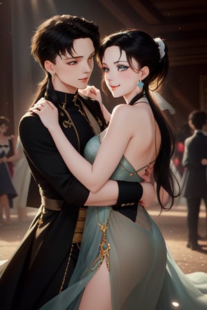 The scene is set against in which a young woman in her 20s, with Latin features and long black hair, stands next to her male counterpart. Her olive green eyes sparkle as she looks directly at the young man, a warm smile on her lips. She wears a low ponytail that frames her heart-shaped face. Delicate earrings adorn each earlobe, enhancing her feminine charm. The young man at her side has long black hair, wearing a low ponytail, his blue eyes shining as he dance with her, their bodies share a romantic embrace. Both are shown in an atmosphere that is full of tenderness and affection, and exudes a romanticism that is hard to resist, full view,SEIYAKOU