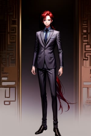 a young man in his early 20's with long red hair, deep eyes, violet eyes, wearing a suit combining Viking and traditional Chinese styles, shows his full body, masterpiece,  best quality,