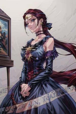 illustration, ink outline, fine detail rendered, color, A beautiful girl in her twenties in a gothic type costume with very long red hair, violet eyes with a choker looking at the  is looking at viewer crafted ornaments, detailed background, fantastic, mysterious, perfect composition, , (masterpiece:1.2), ((best quality, 8k, ultra-detailed, very clear)), perfect anatomy, anatomically correct hands, perfect fingers,detailed hair, delicate hair expression, detailed eyes, beautiful face, beautiful eyes, extremely stylish, The most fashionable,STARMAKER, full view,gothic lolita long dress