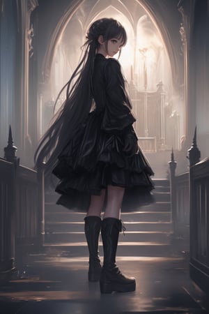 1girl, solo, black_hair long with low ponytail, platform_footwear, boots, long_hair, dress, gothic_lolita, black_dress, black_footwear, standing, lolita_fashion, indoors, long_sleeves, full_body, gothic, platform_boots, church, knee_boots