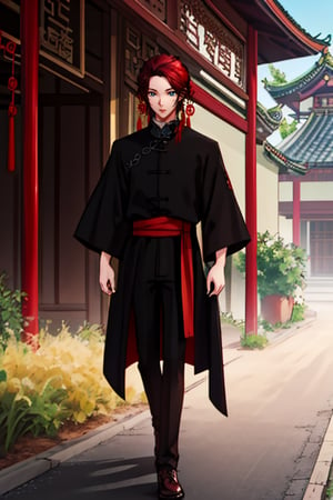 a young man in his early 20's with long red hair, deep eyes, violet eyes, wearing a  combining Viking and traditional Chinese styles, shows his full body, masterpiece,  best quality,TAIKIKOU