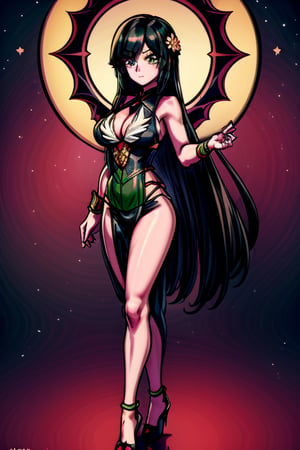 illustration, ink outline, fine detail rendered, color,a girl in her 20's with Latin features deep green eyes, very long black hair in a beautiful Chinese style priestess costume with sakura flowers with ornaments on her feet while in her hands she holds two beautiful red and white fans with a starry sky background looking at the  is looking at viewer crafted ornaments, detailed background, fantastic, mysterious, perfect composition, , (masterpiece:1.2), ((best quality, 8k, ultra-detailed, very clear)), perfect anatomy, anatomically correct hands, detailed hair, delicate hair expression, detailed eyes, beautiful face, beautiful eyes, extremely stylish, The most fashionable, full view