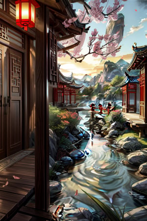 A breathtaking landscape featuring ancient Chinese architecture that harmoniously blends traditional design with modern materials. The scene includes majestic mountains and a serene small river. Modern touches such as LED lighting complement the traditional Chinese-style doors and windows. The setting is at sunset, casting a warm and mystical glow over the scene. The river flows gently, and the leaves sway softly, creating a natural and tranquil ambiance. The image combines the vibrant and stylized elements of anime with the detailed artistry of digital illustration, presented in high resolution with natural lighting, captured in a wide shot perfect for a captivating background