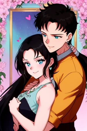 20-year-old girl long black hair sits alongside her male counterpart. Her green eyes sparkle as she gazes directly at the viewer, a warm smile playing on her lips. Her raven tresses are tied back in a low ponytail, framing her heart-shaped face. A delicate earring adorns each earlobe, adding to her androgynous charm. The boy with a lown ponytail and blue eyes by her side holds a clenched fist, their bodies intertwined as they share a romantic hug. The atmosphere is filled with tender affection, exuding a romance-mood that's hard to resist.,SEIYAKOU