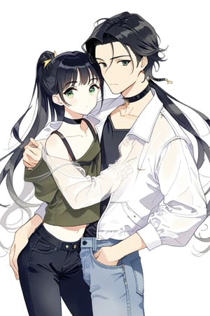 20 year old girl with Latin features, long black hair, olive green eyes, wearing a black choker around her neck, a white jacket and a black top, 1boy, long_hair, full_body, hand_on_hip, black_jeans, white_jacket, black_hair, reverse_trap, standing, very_long_hair, transparent_background, ponytail, male_focus, couple_(romantic), hugging , looking_at_viewer, low_ponytail,SailorStarFighter, 1male