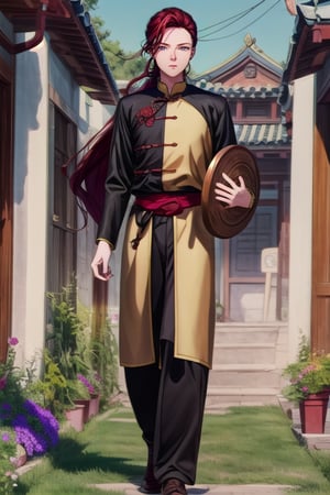 a young man in his early 20's with long red hair, deep eyes, violet eyes, wearing a  combining Viking and traditional Chinese styles, shows his full body, masterpiece,  best quality,TAIKIKOU