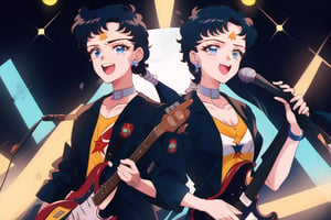 1 boy, 1 girl, SEIYAKOU,very long black hair, low ponytail, deep blue eyes, red leather jacket, playing electric guitar, next to a girl with a very long blue  hair tied in a low ponytail with deep blue eyes singing into a microphone, SailorStarFighter on a stage, navy blue leather dress, smile, perfect_face, perfect_hands, looking_at_viewer