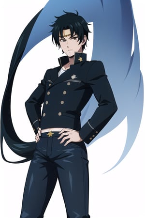 solo, long_hair, full_body, hand_on_hip, black_jeans, white_jacket, black_hair, reverse_trap, standing, very_long_hair, transparent_background, ponytail, gakuran, male_focus, 1boy, looking_at_viewer, low_ponytail,SailorStarFighter, 1male