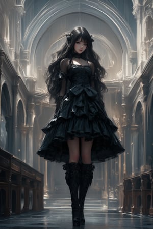 1girl, solo, black_hair long with low ponytail, platform_footwear, boots, long_hair, dress, gothic_lolita, black_dress, black_footwear, standing, lolita_fashion, indoors, long_sleeves, full_body, gothic, platform_boots, church, knee_boots