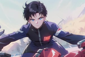 a boy with long blue-black hair and deep blue eyes wearing a biker suit leaning on a black and red motorcycle with a full body showing ,SEIYAKOU, perfect_face