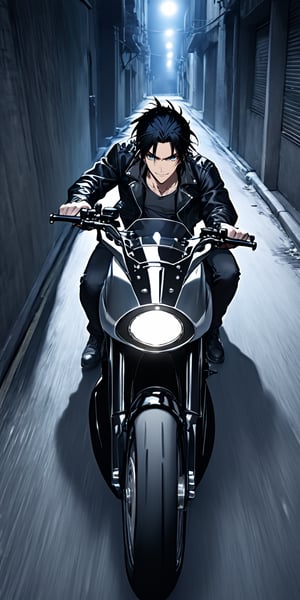 1boy, with a very long blue black hair tied in a low black ponytail, deep blue eyes, intimidating presence, evil smile, leather jacket, open shirt, flat chest,Leaning against his motorcycle, full motorcycle view, alleyway at night, serious, unyielding intensity. Perfect lighting casts deep shadows,  camera has captured a slice of pure chaos.