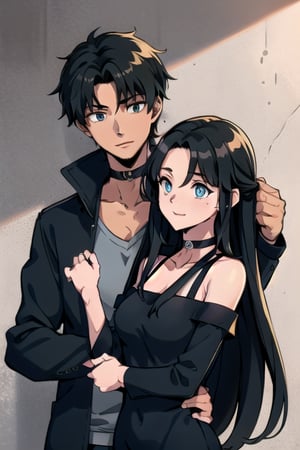 16 year old boy with blue eyes, long black hair, style Three Ligths groups, embracing a 20 year old girl with Latin features, long black hair, olive green eyes, black choker around her neck, a white jacket and a black top 