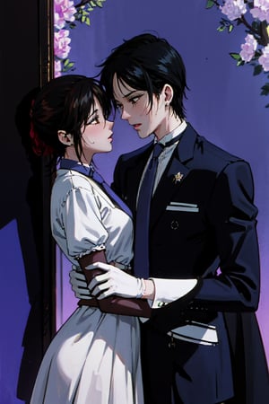 A romantic kabedon moment between a young boy and girl, featuring a couple in a tender embrace with gloves, blushing cheeks, and a stylish necktie. The English text subtly adds a modern touch as they gaze deeply at each other, capturing a classic yet contemporary essence. Their hands delicately placed on each other's chins convey both intimacy and passion against a backdrop of intricate floral patterns. Eye contact intensifies the emotion as a hint of sweat and slightly open mouths hint at the anticipation of a heartfelt confession.TAIKIKOU