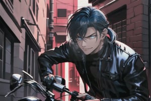 a boy with a very long blue black hair tied in a low black ponytail with deep blue eyes, adding an edgy touch to his intimidating presence.evil smile, Leaning against his motorcycle in an alleyway at night, he radiates a serious, unyielding intensity. Perfect lighting casts deep shadows, accentuating every curve and crease, as if the camera has captured a slice of pure chaos.